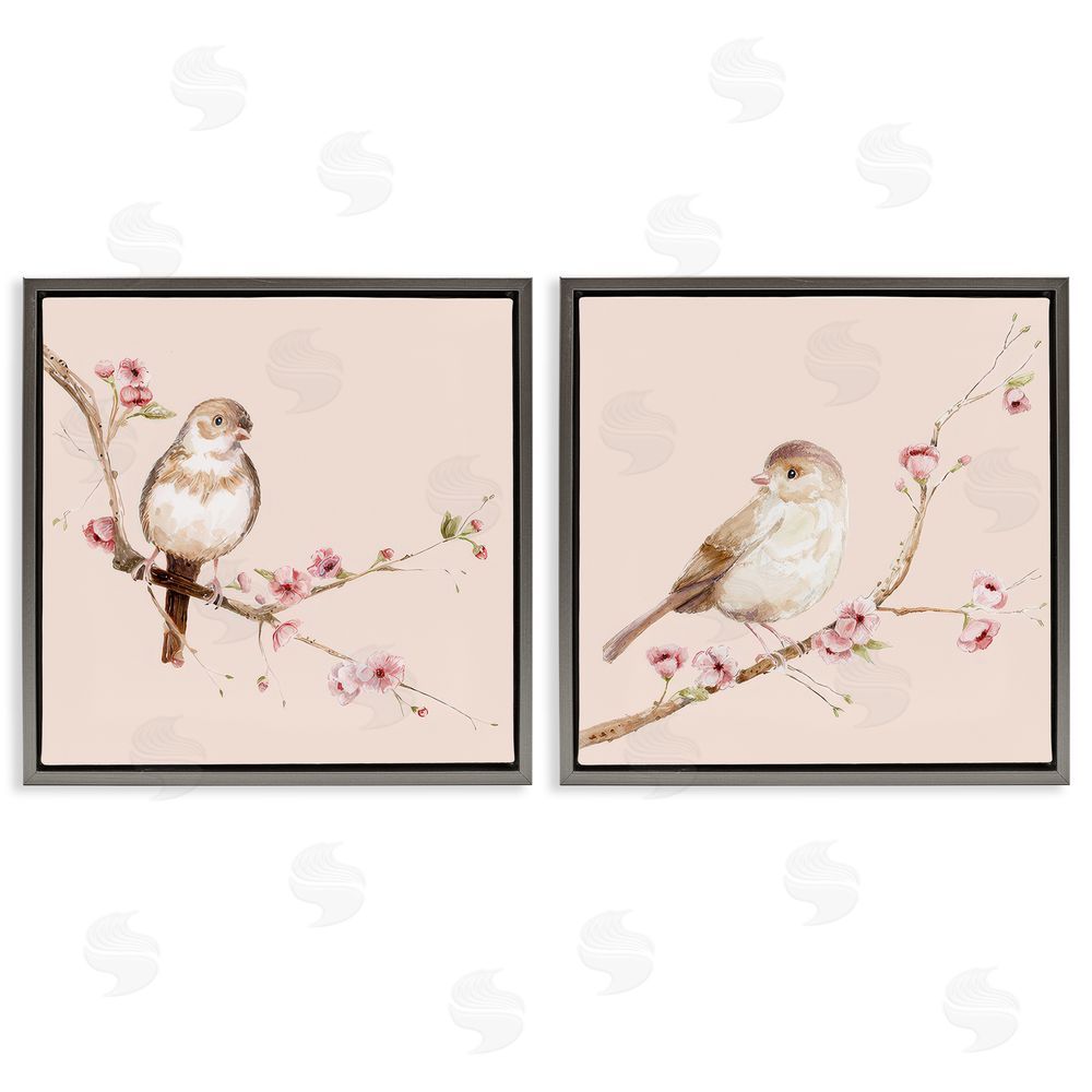 Lisa Wehmeyer Sweetest Brown Birds Branch Gray Floating Frame Canvas Wall Art Print