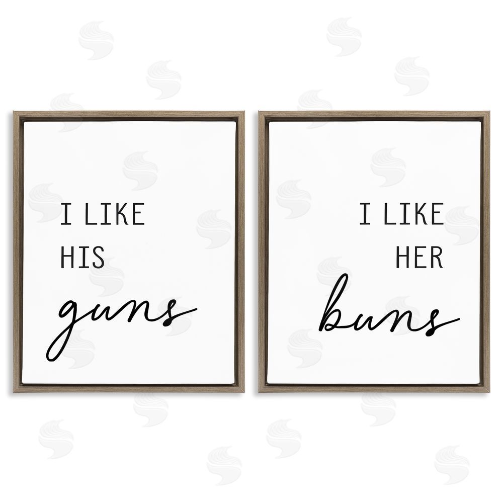 Lettered and Lined Like His Guns & Her Buns Brown Floating Frame Canvas Wall Art Print