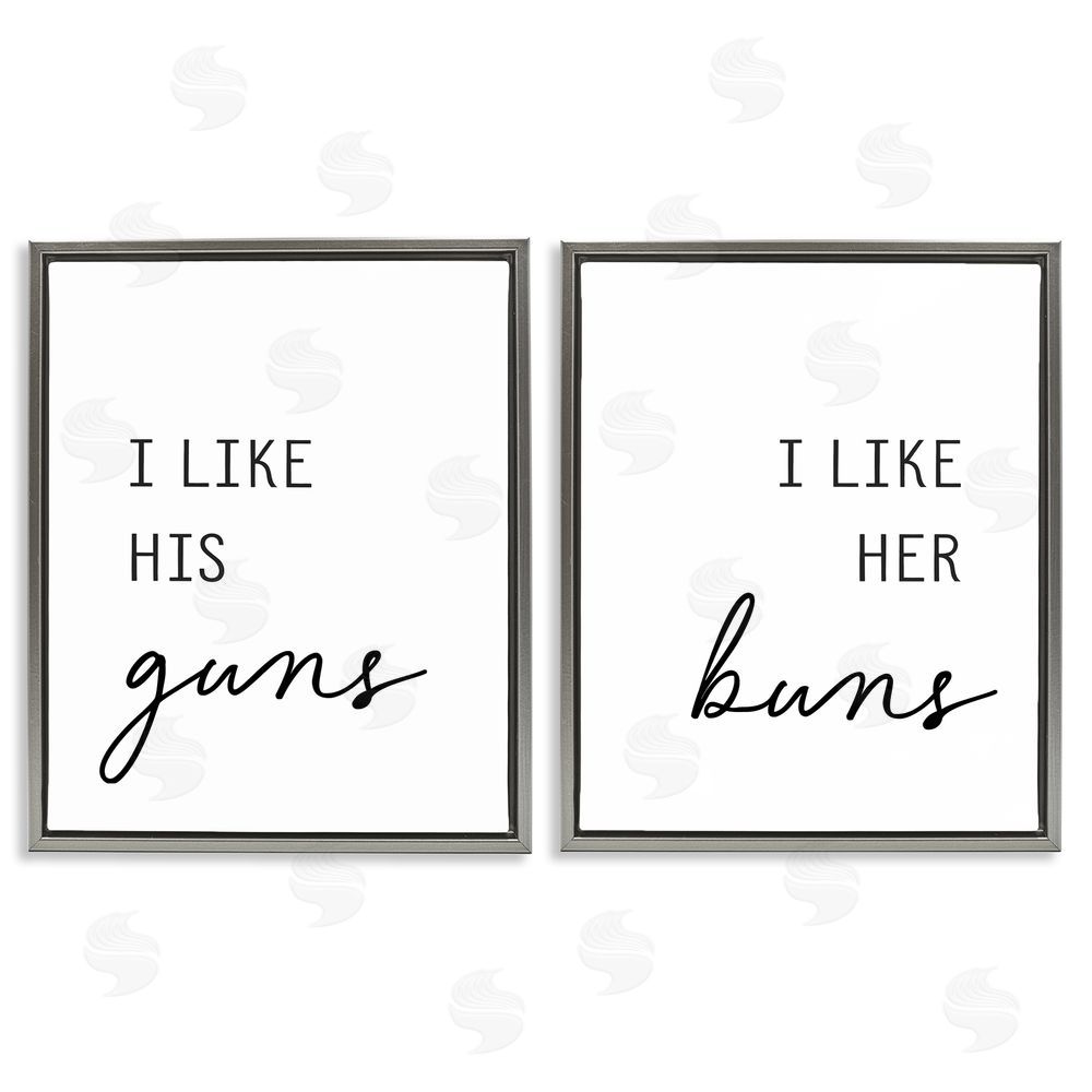 Lettered and Lined Like His Guns & Her Buns Gray Floating Frame Canvas Wall Art Print