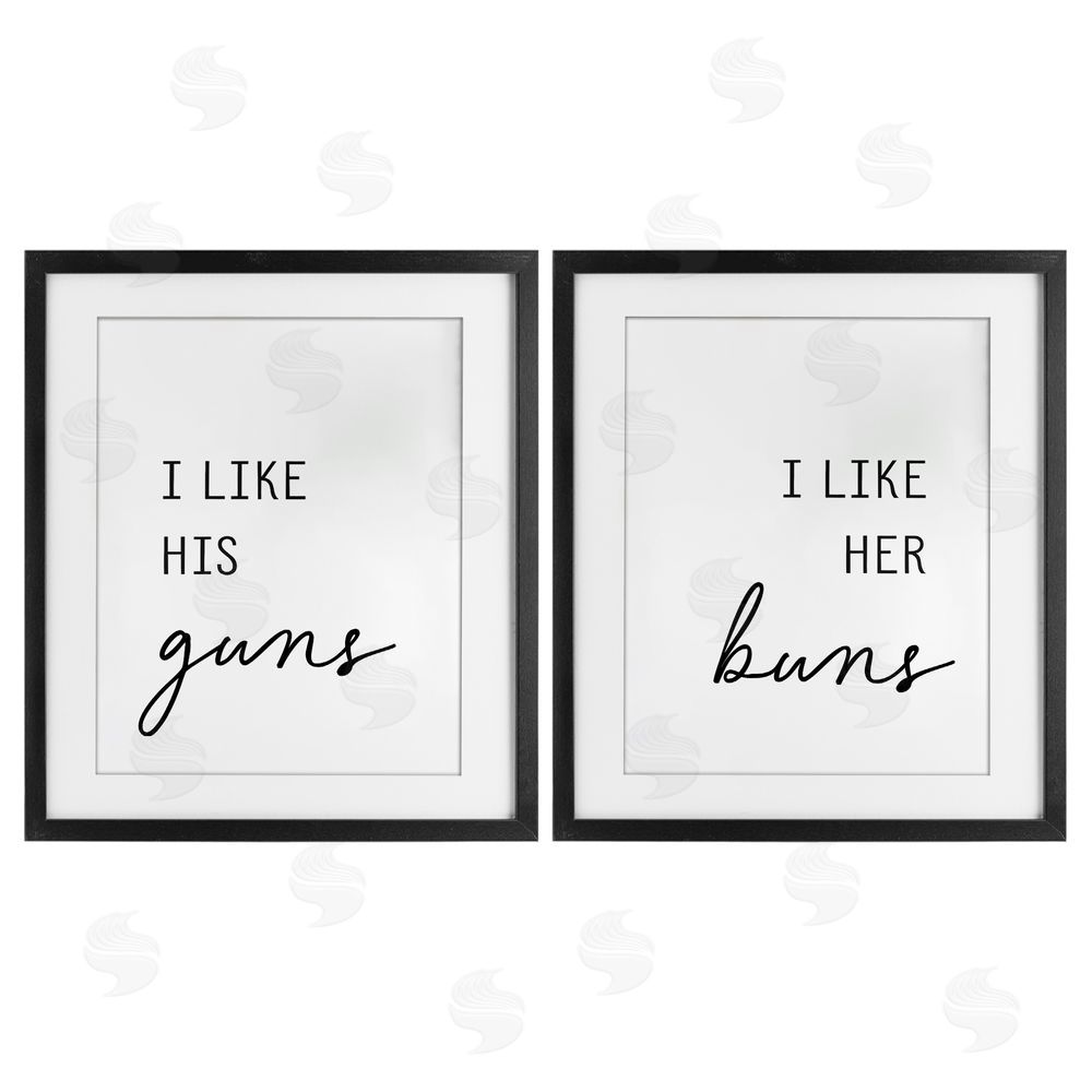 Lettered and Lined Like His Guns & Her Buns Black Framed Print Under Glass Wall Art