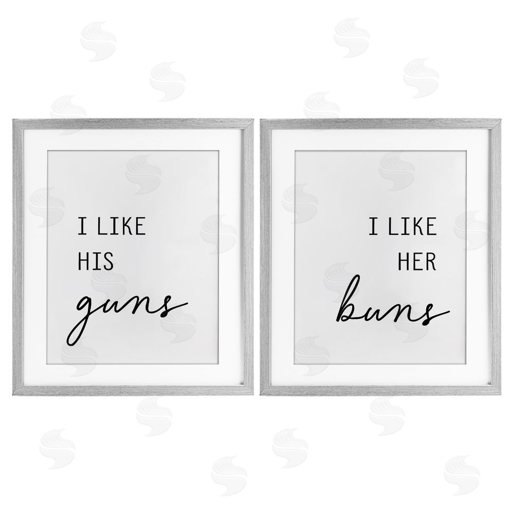 Lettered and Lined Like His Guns & Her Buns Gray Framed Print Under Glass Wall Art