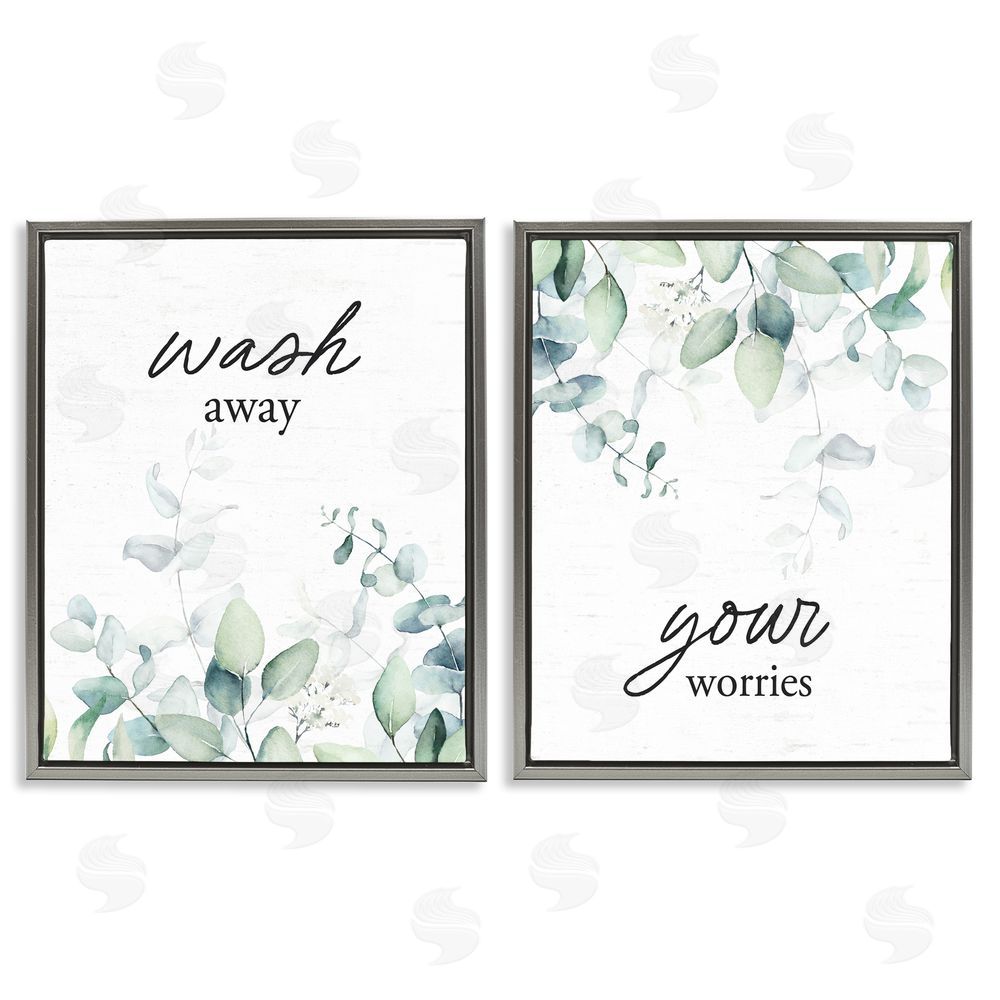 Lettered and Lined Wash Away Your Worries Leaves Gray Floating Frame Canvas Wall Art Print