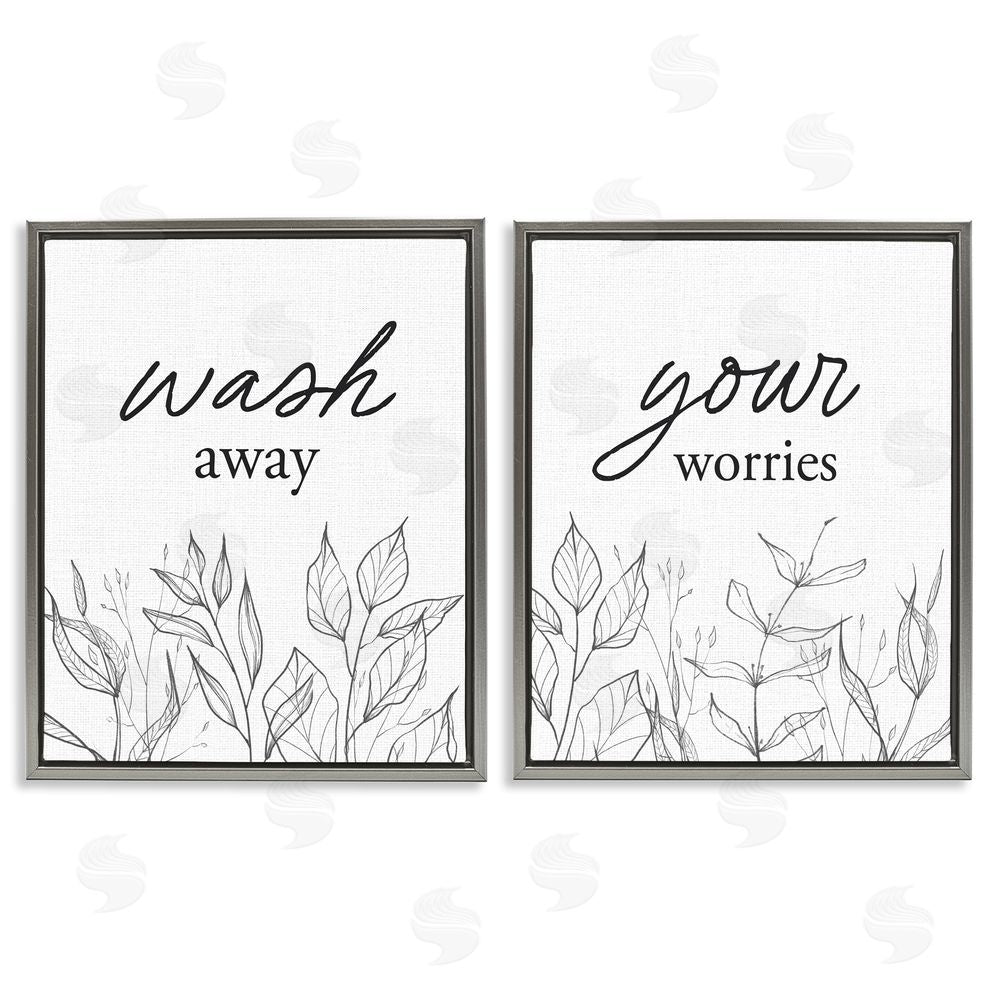 Lettered and Lined Wash Away Worries Minimalist Leaves Gray Floating Frame Canvas Wall Art Print