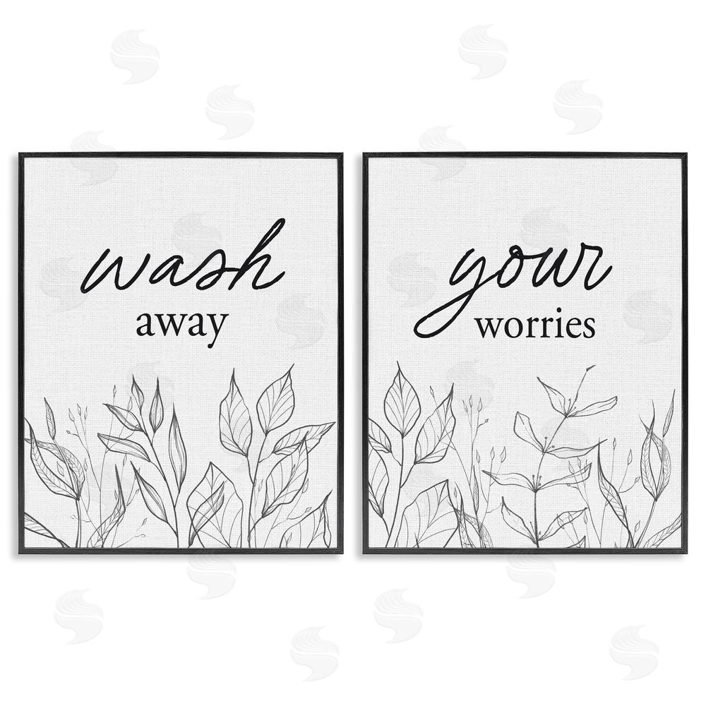 Lettered and Lined Wash Away Worries Minimalist Leaves Black Framed Giclee Print Wall Art