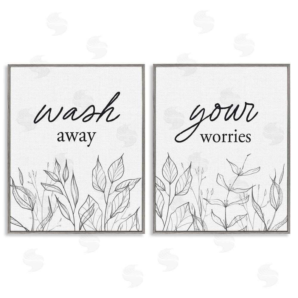 Lettered and Lined Wash Away Worries Minimalist Leaves Gray Framed Giclee Print Wall Art
