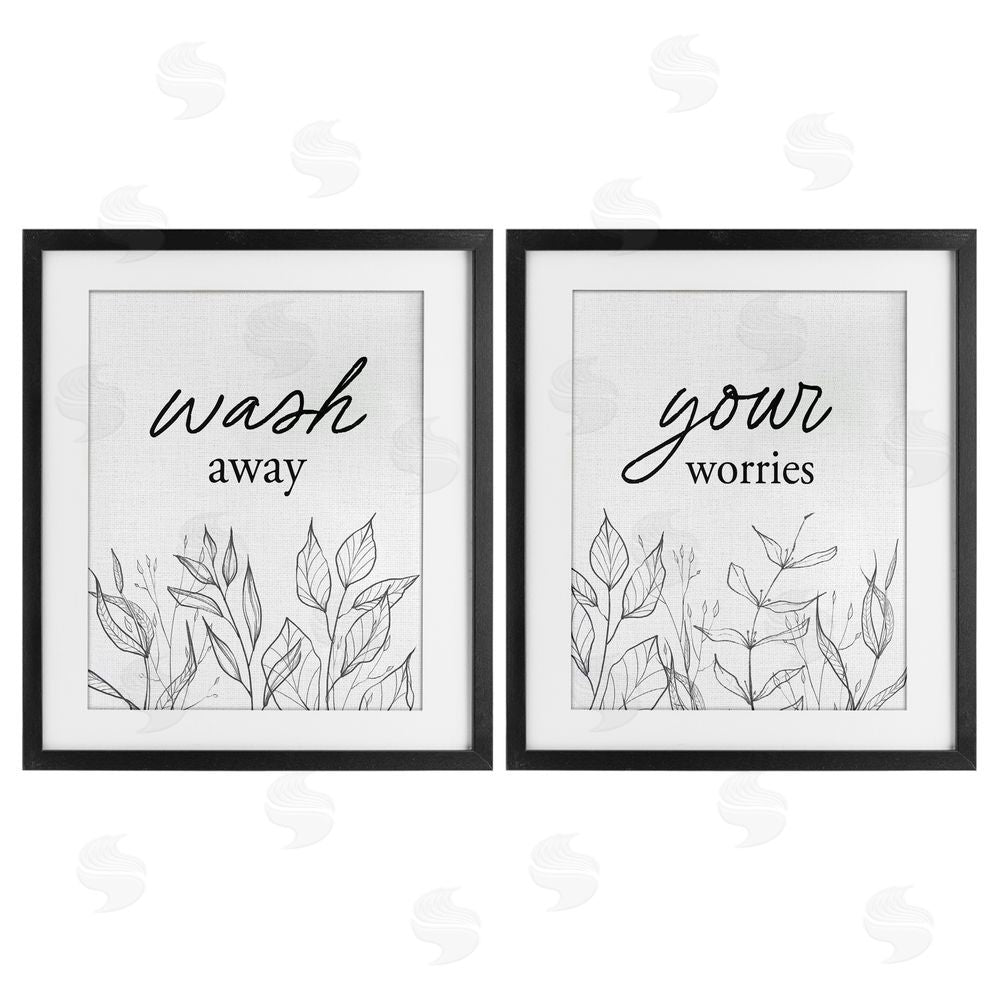 Lettered and Lined Wash Away Worries Minimalist Leaves Black Framed Print Under Glass Wall Art