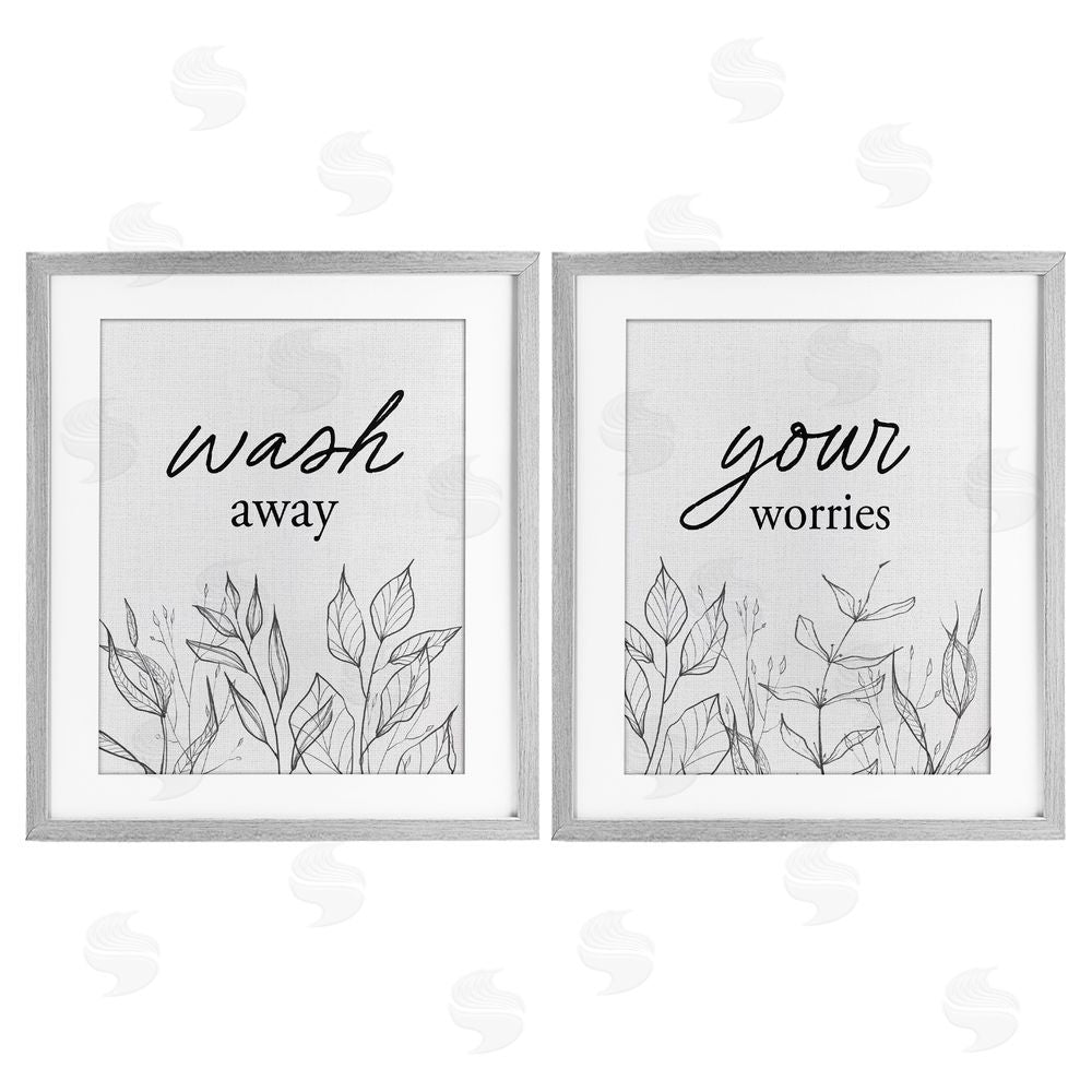 Lettered and Lined Wash Away Worries Minimalist Leaves Gray Framed Print Under Glass Wall Art