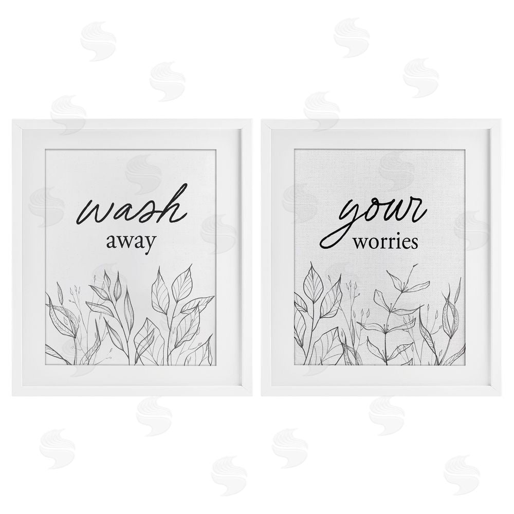 Lettered and Lined Wash Away Worries Minimalist Leaves White Framed Print Under Glass Wall Art