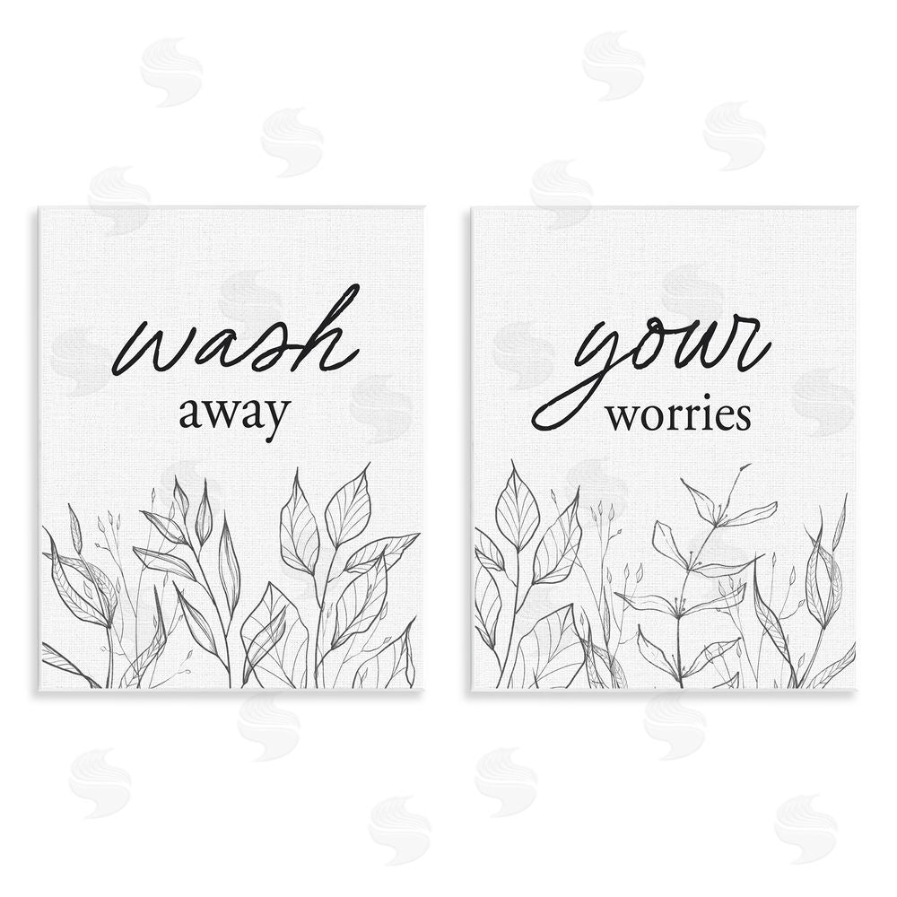 Lettered and Lined Wash Away Worries Minimalist Leaves Wooden Wall Plaque Art Print