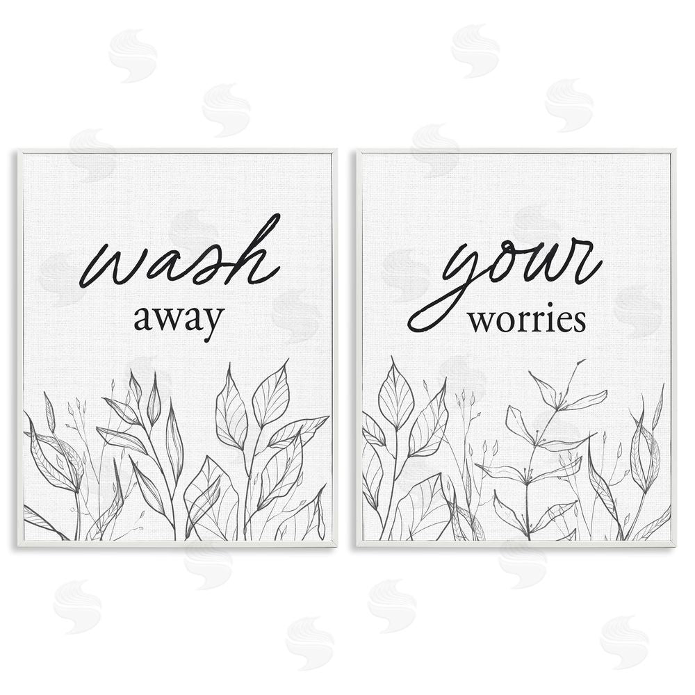 Lettered and Lined Wash Away Worries Minimalist Leaves White Framed Giclee Print Wall Art