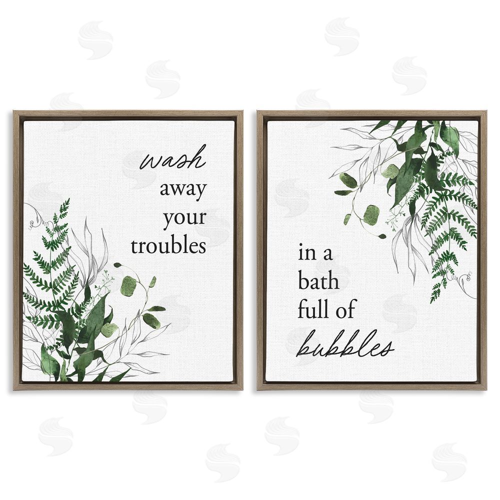 Lettered and Lined Bubble Bath with Forest Foliage Brown Floating Frame Canvas Wall Art Print