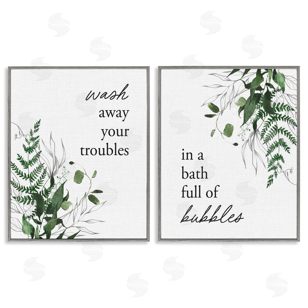 Lettered and Lined Bubble Bath with Forest Foliage Gray Framed Giclee Print Wall Art