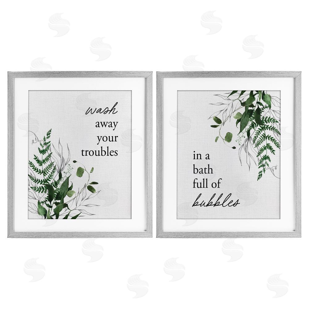 Lettered and Lined Bubble Bath with Forest Foliage Gray Framed Print Under Glass Wall Art