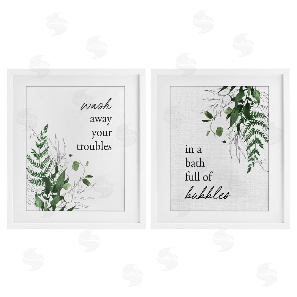 Lettered and Lined Bubble Bath with Forest Foliage White Framed Print Under Glass Wall Art