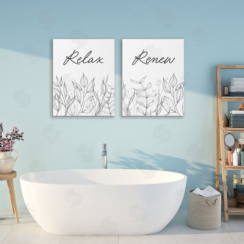 Lettered and Lined Relax and Renew Leaf Outlines Stretched Canvas Wall Art Print in Room