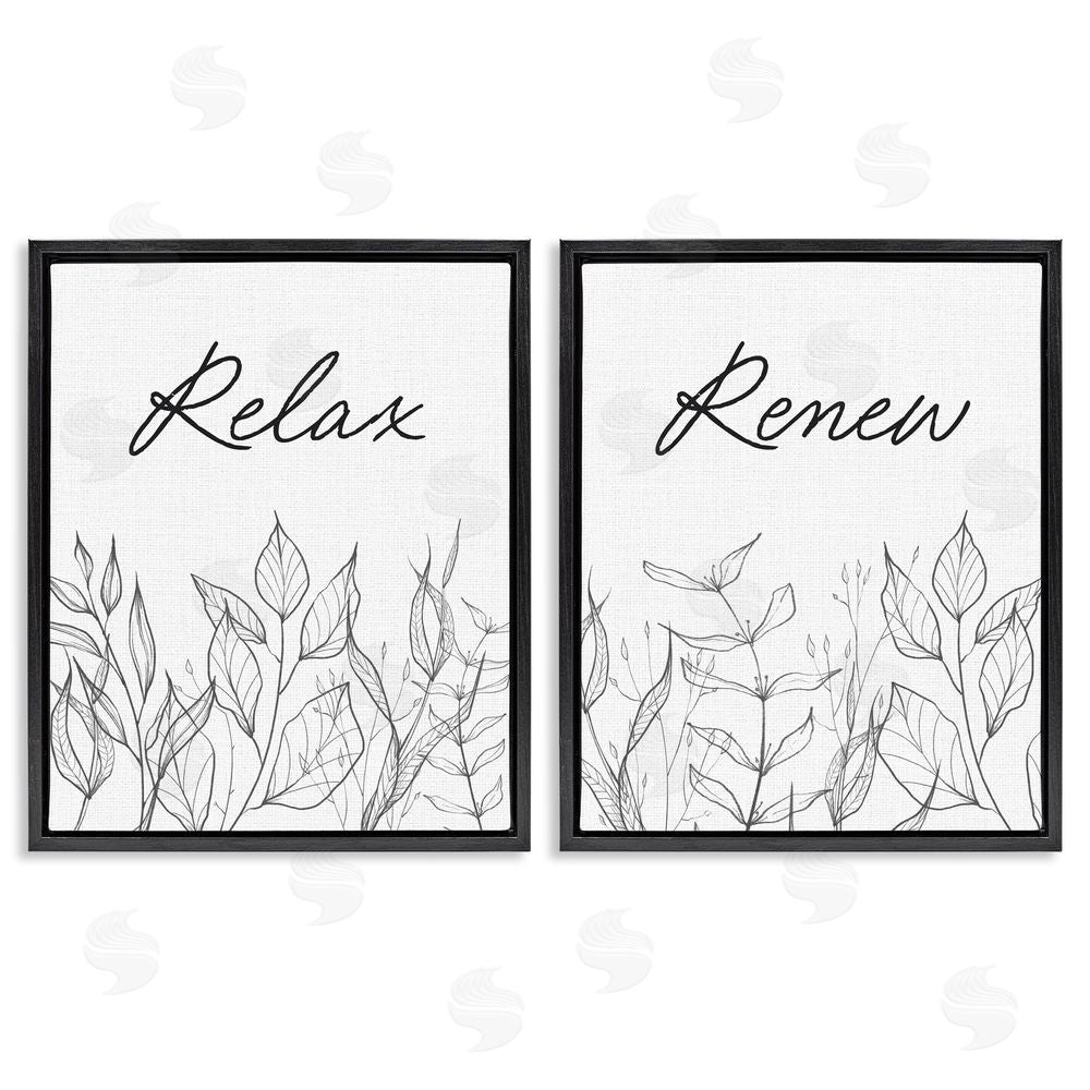 Lettered and Lined Relax and Renew Leaf Outlines Black Floating Frame Canvas Wall Art Print