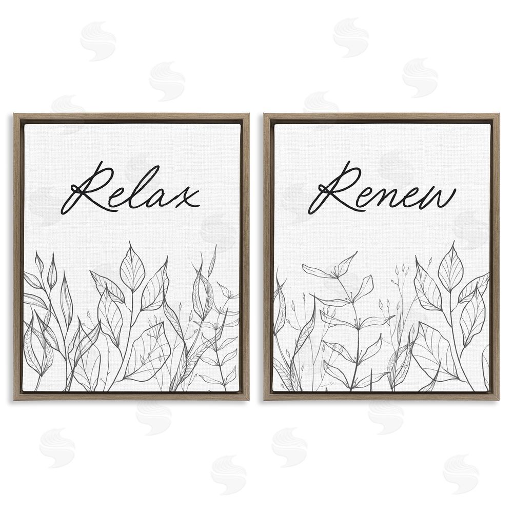 Lettered and Lined Relax and Renew Leaf Outlines Brown Floating Frame Canvas Wall Art Print