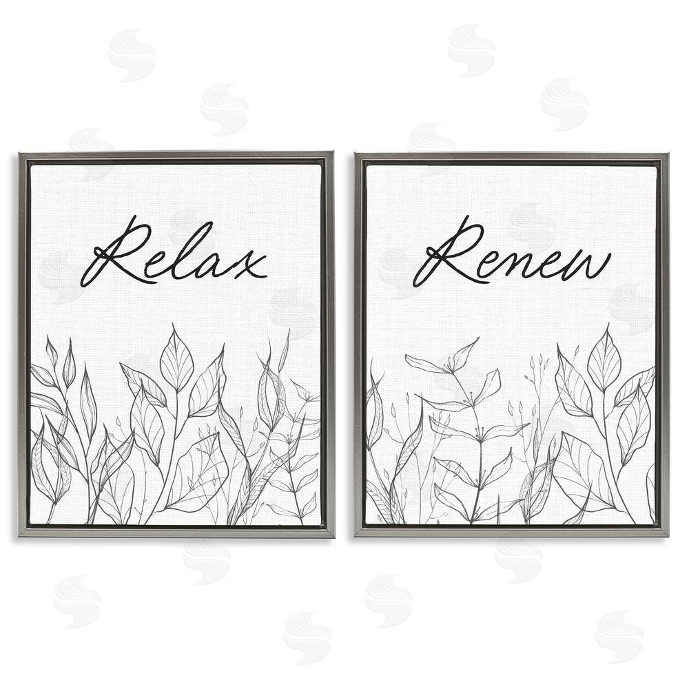 Lettered and Lined Relax and Renew Leaf Outlines Gray Floating Frame Canvas Wall Art Print