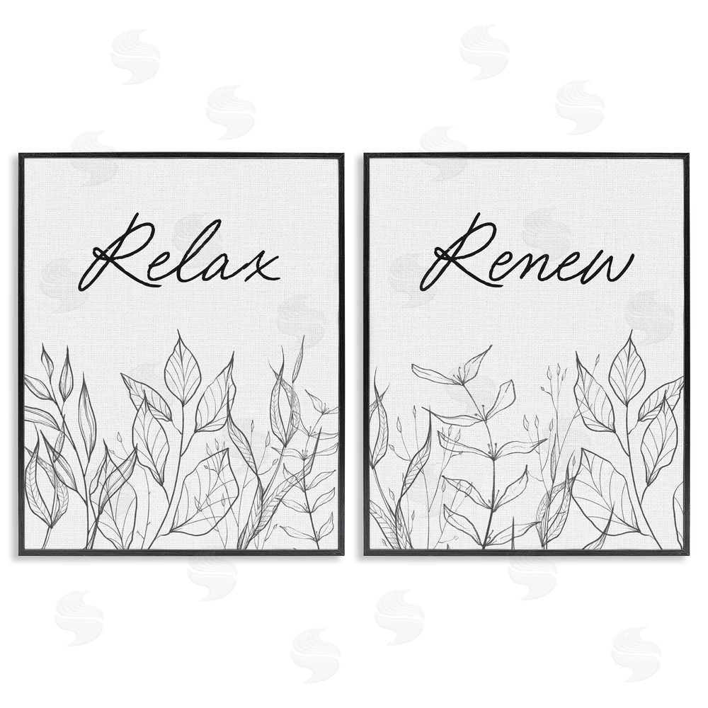 Lettered and Lined Relax and Renew Leaf Outlines Black Framed Giclee Print Wall Art
