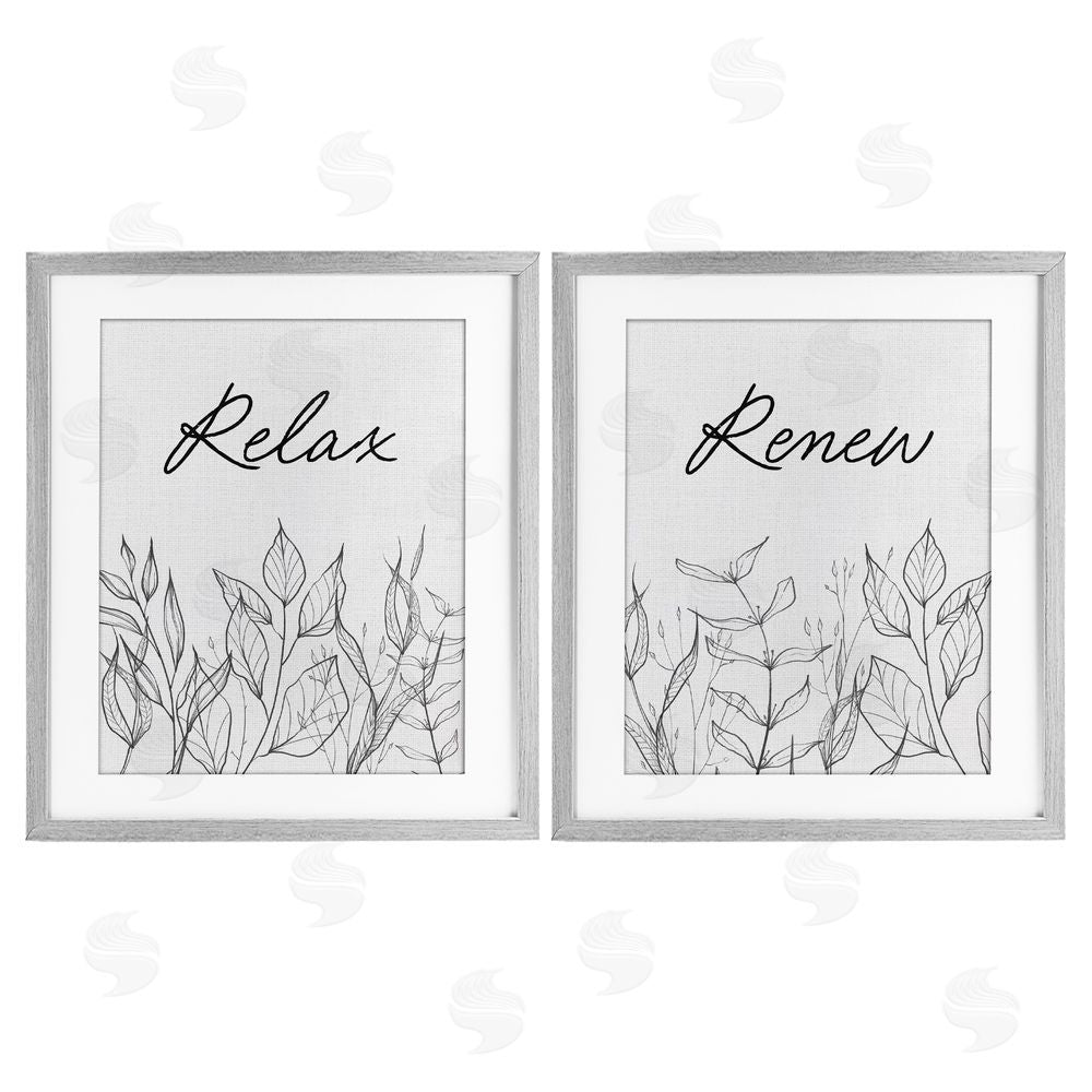 Lettered and Lined Relax and Renew Leaf Outlines Gray Framed Print Under Glass Wall Art