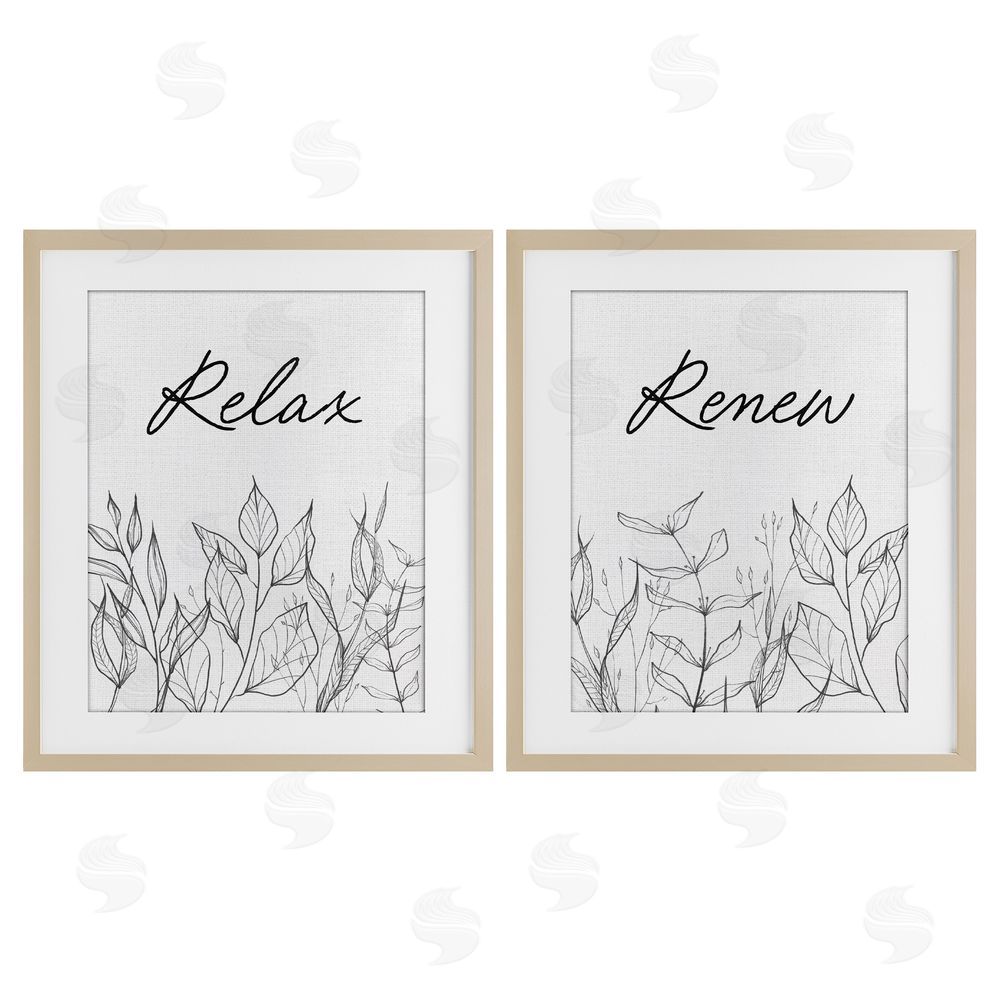 Lettered and Lined Relax and Renew Leaf Outlines Brown Framed Print Under Glass Wall Art
