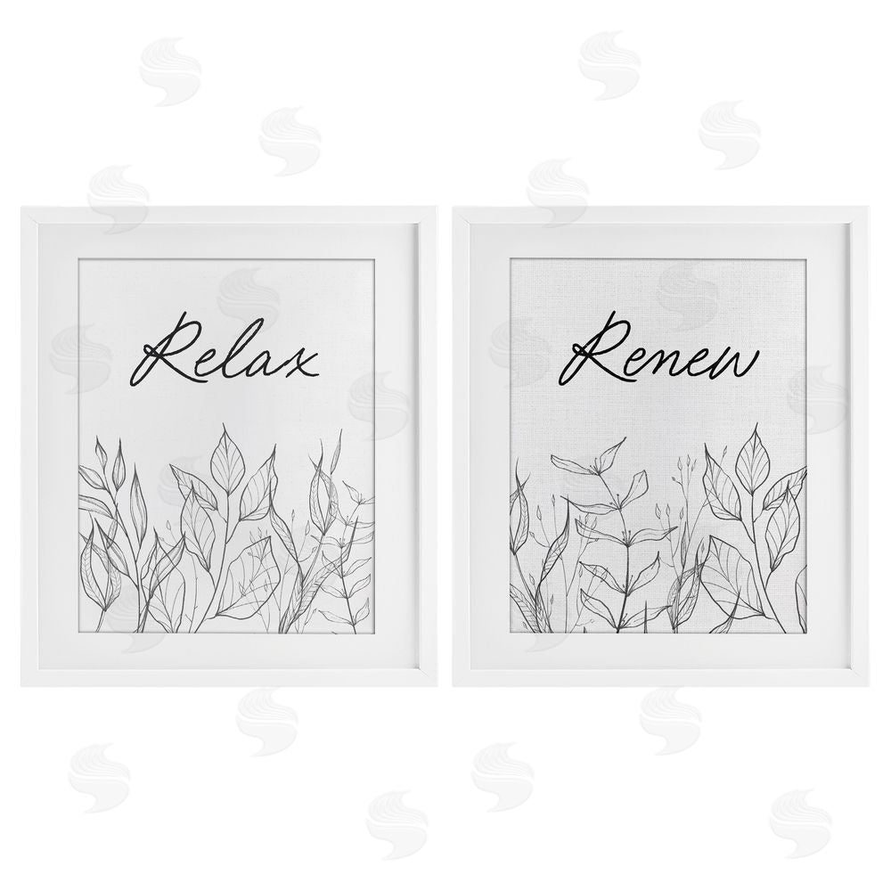 Lettered and Lined Relax and Renew Leaf Outlines White Framed Print Under Glass Wall Art
