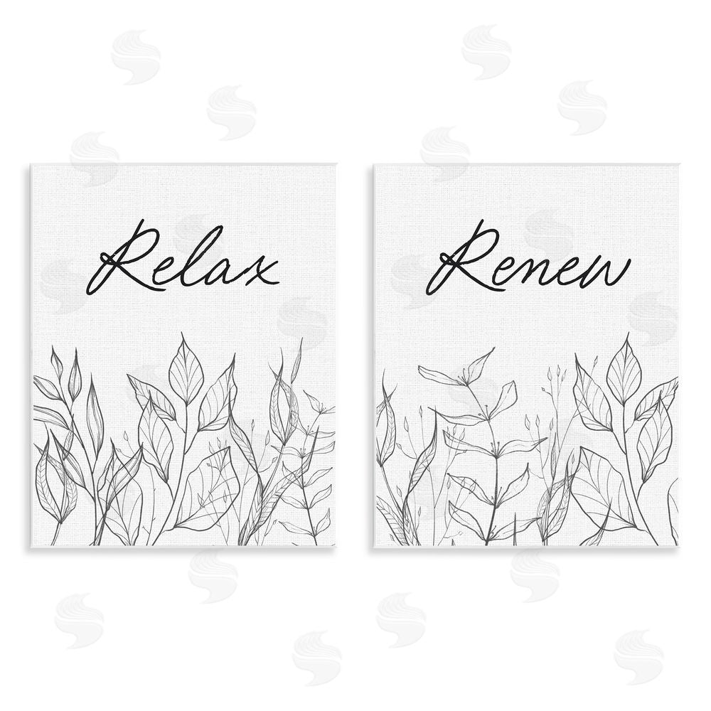 Lettered and Lined Relax and Renew Leaf Outlines Wooden Wall Plaque Art Print