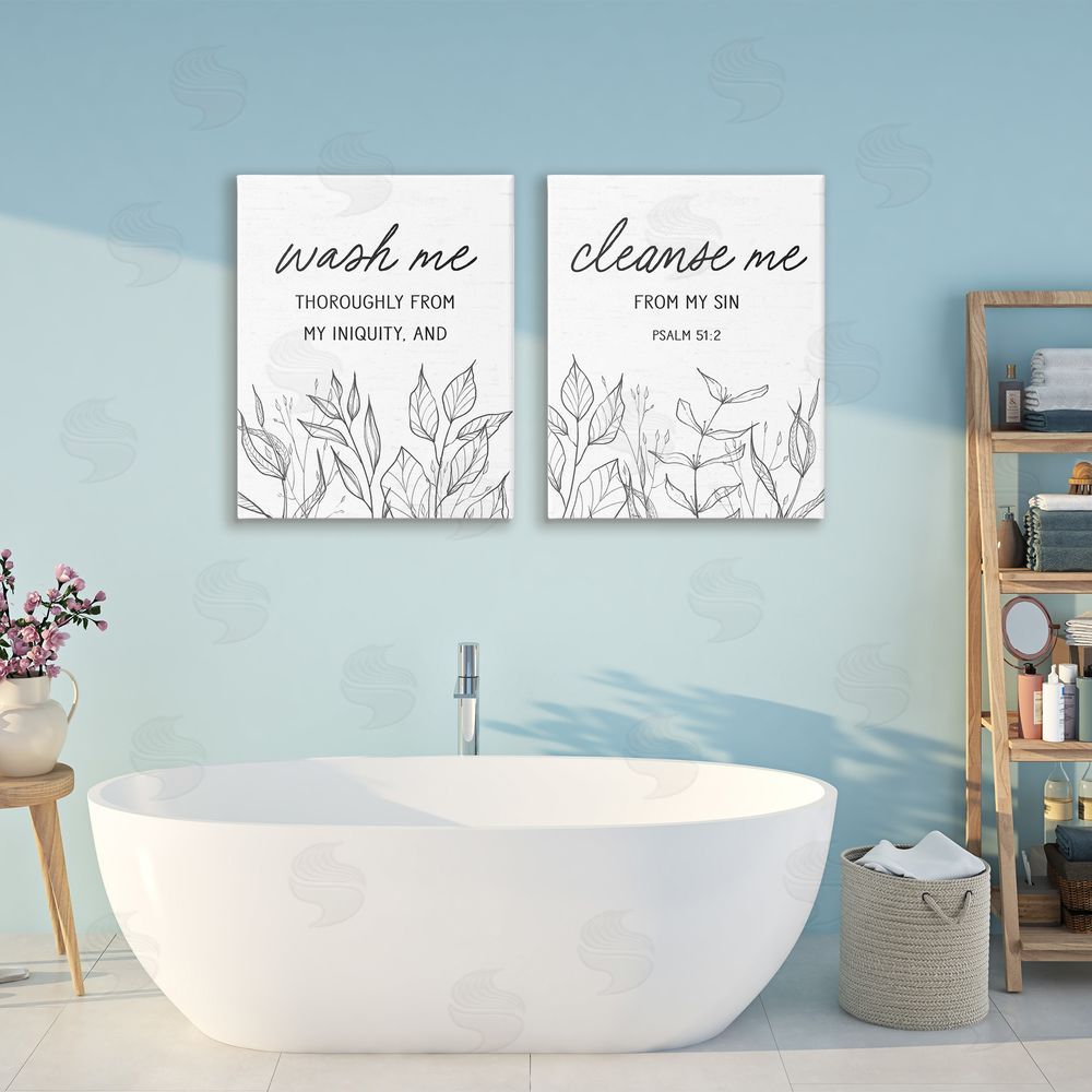 Lettered and Lined Wash & Cleanse Me Scripture Stretched Canvas Wall Art Print in Room