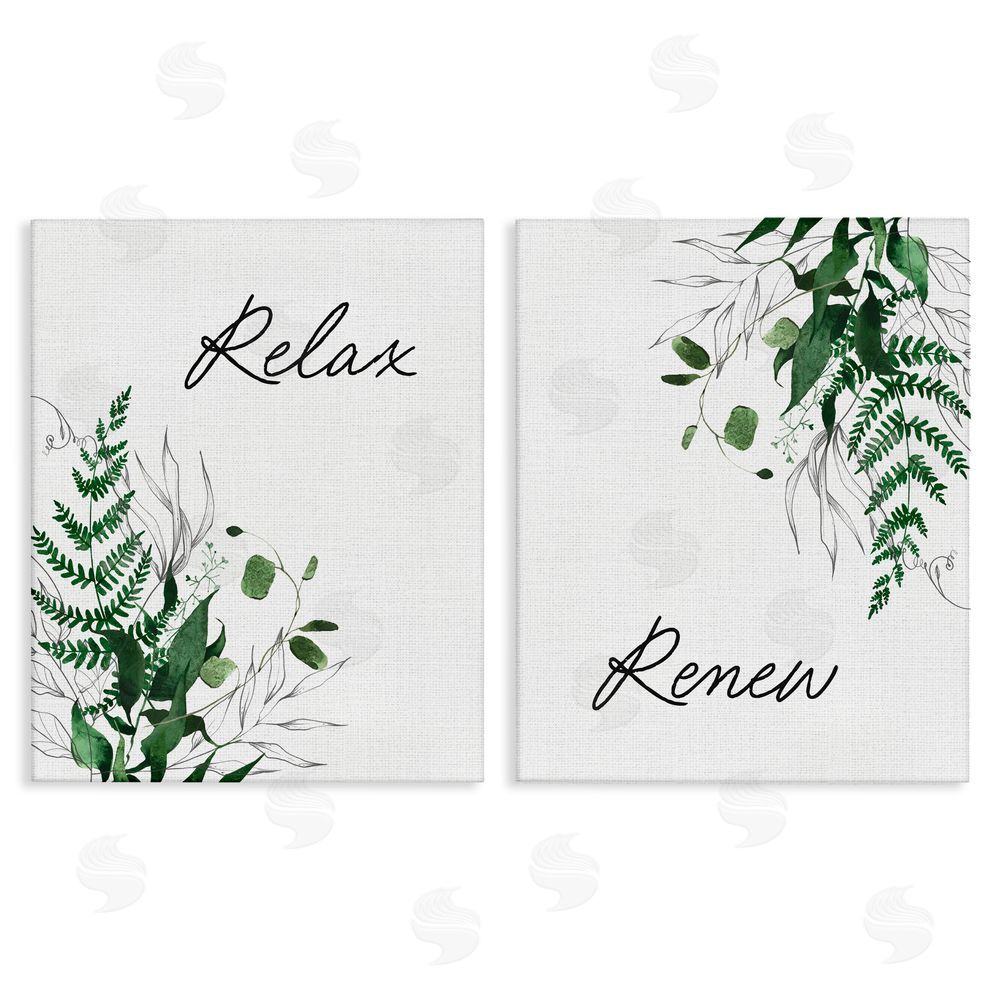 Lettered and Lined Relax Renew Botanical Leaves Stretched Canvas Wall Art Print