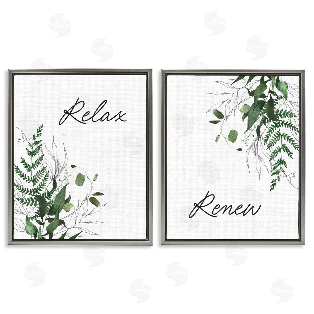 Lettered and Lined Relax Renew Botanical Leaves Gray Floating Frame Canvas Wall Art Print