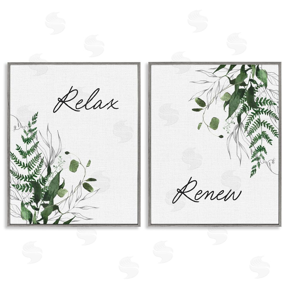 Lettered and Lined Relax Renew Botanical Leaves Gray Framed Giclee Print Wall Art