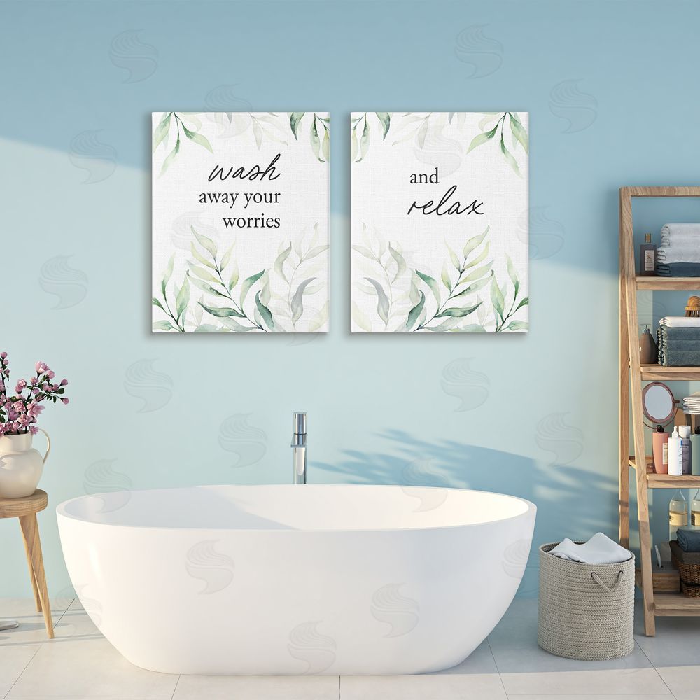 Lettered and Lined Soothing Bathroom Greenery Words Stretched Canvas Wall Art Print in Room