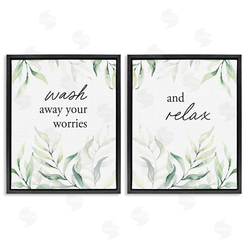Lettered and Lined Soothing Bathroom Greenery Words Black Floating Frame Canvas Wall Art Print