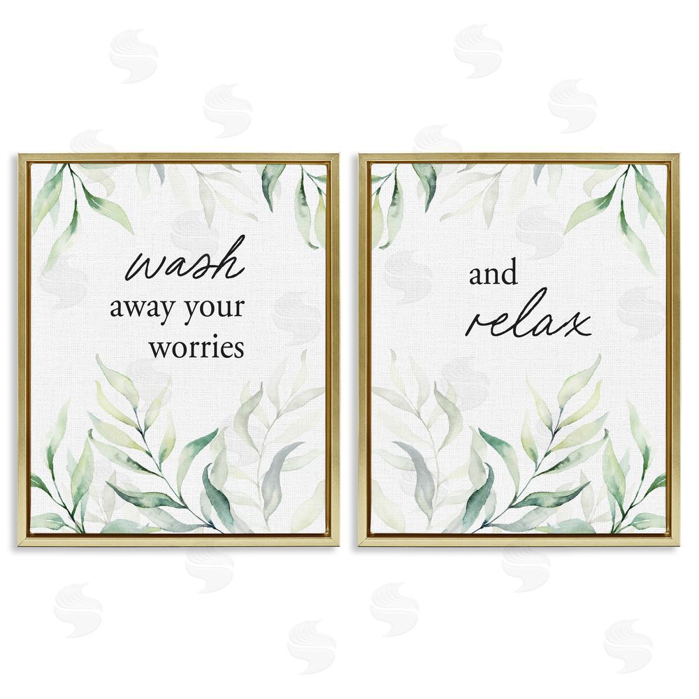 Lettered and Lined Soothing Bathroom Greenery Words Gold Floating Frame Canvas Wall Art Print