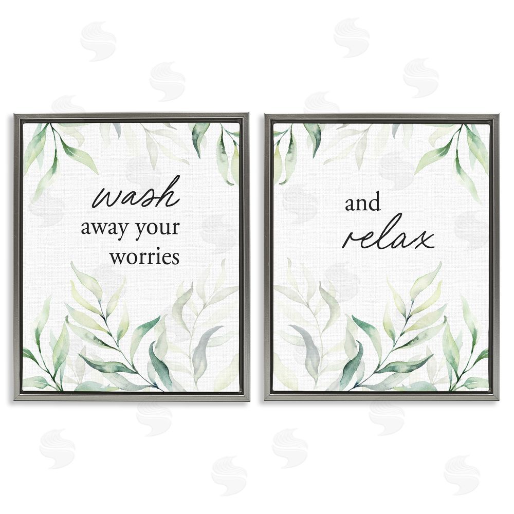 Lettered and Lined Soothing Bathroom Greenery Words Gray Floating Frame Canvas Wall Art Print