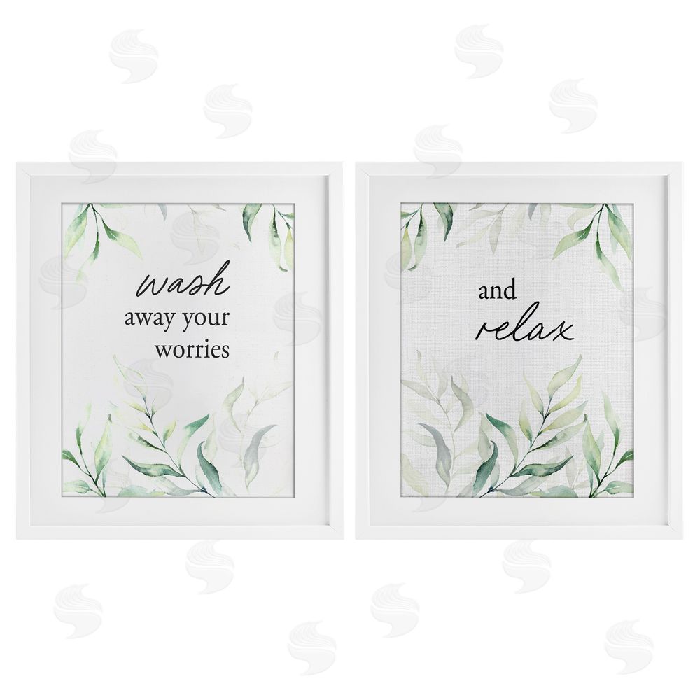 Lettered and Lined Soothing Bathroom Greenery Words White Framed Print Under Glass Wall Art
