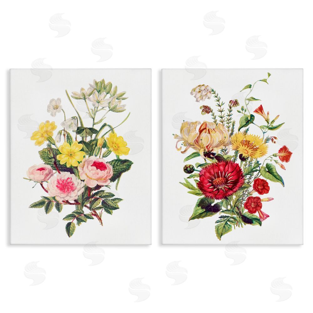 Lettered and Lined Mixed Flower Bushels Stretched Canvas Wall Art Print