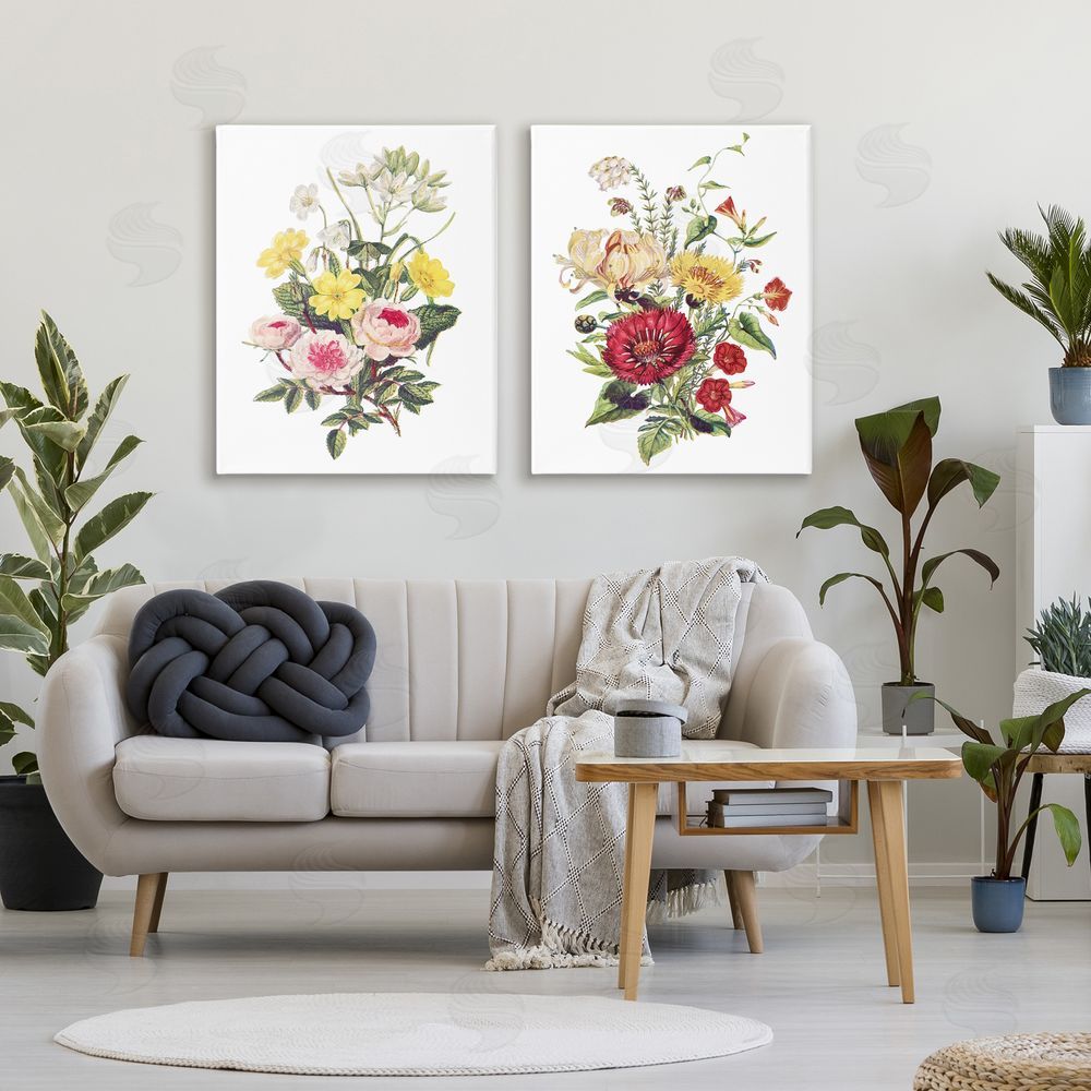 Lettered and Lined Mixed Flower Bushels Stretched Canvas Wall Art Print in Room
