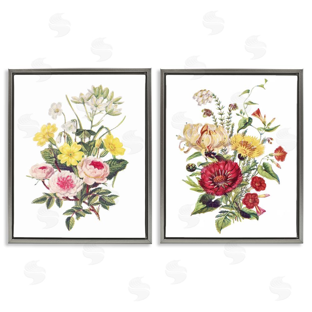 Lettered and Lined Mixed Flower Bushels Gray Floating Frame Canvas Wall Art Print