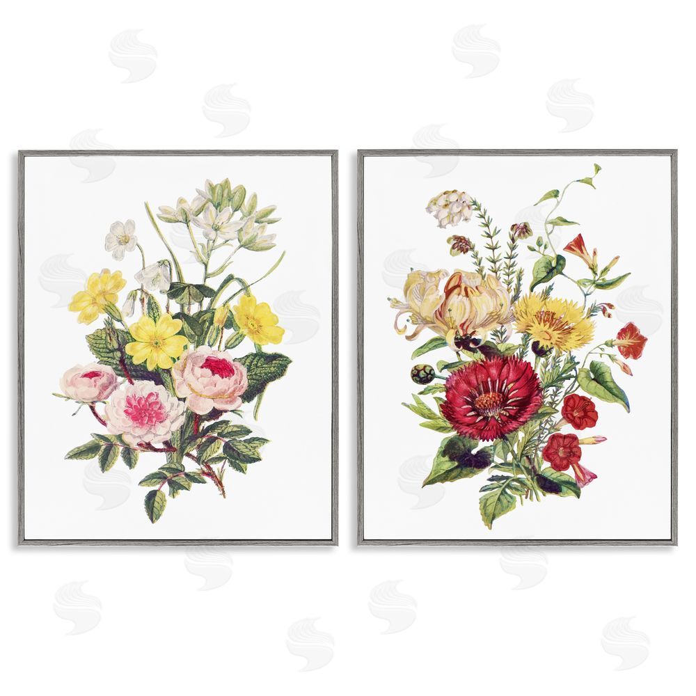 Lettered and Lined Mixed Flower Bushels Gray Framed Giclee Print Wall Art