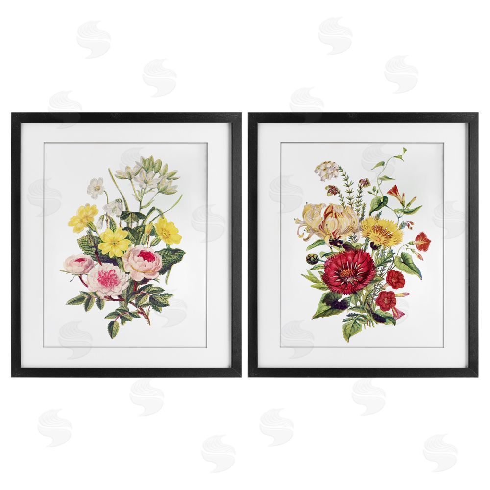 Lettered and Lined Mixed Flower Bushels Black Framed Print Under Glass Wall Art