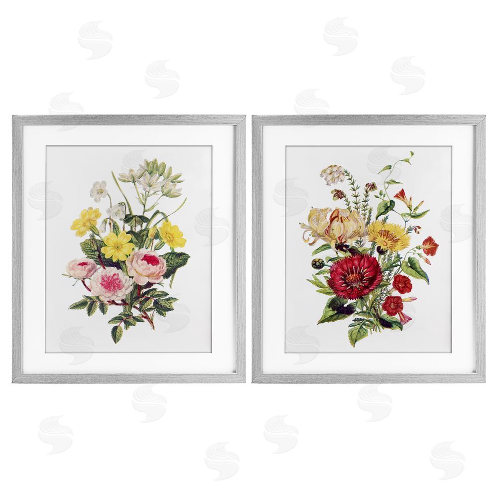 Lettered and Lined Mixed Flower Bushels Gray Framed Print Under Glass Wall Art