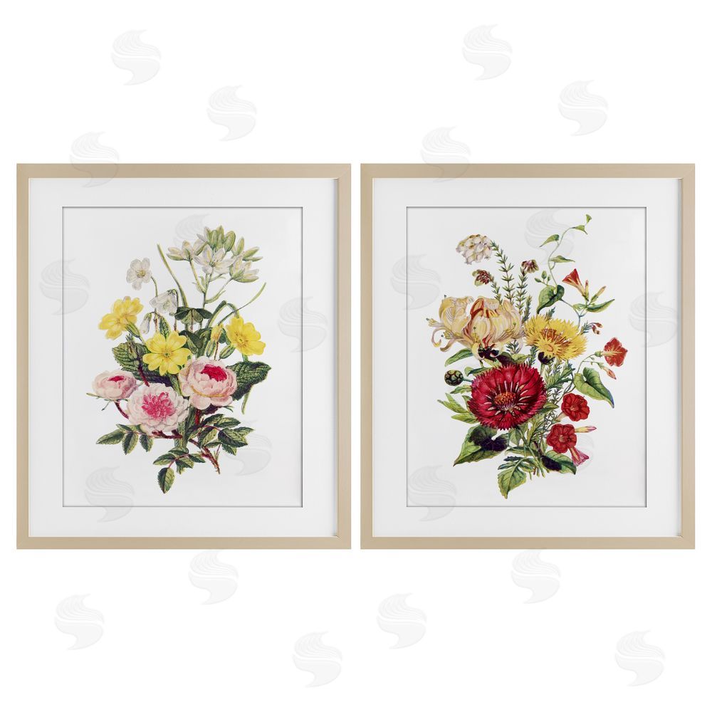 Lettered and Lined Mixed Flower Bushels Brown Framed Print Under Glass Wall Art