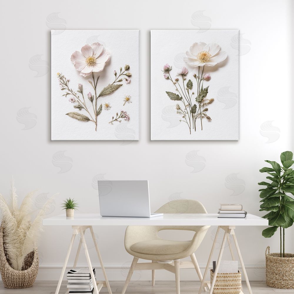 Lettered and Lined Minimal Pressed Flowers Stretched Canvas Wall Art Print in Room