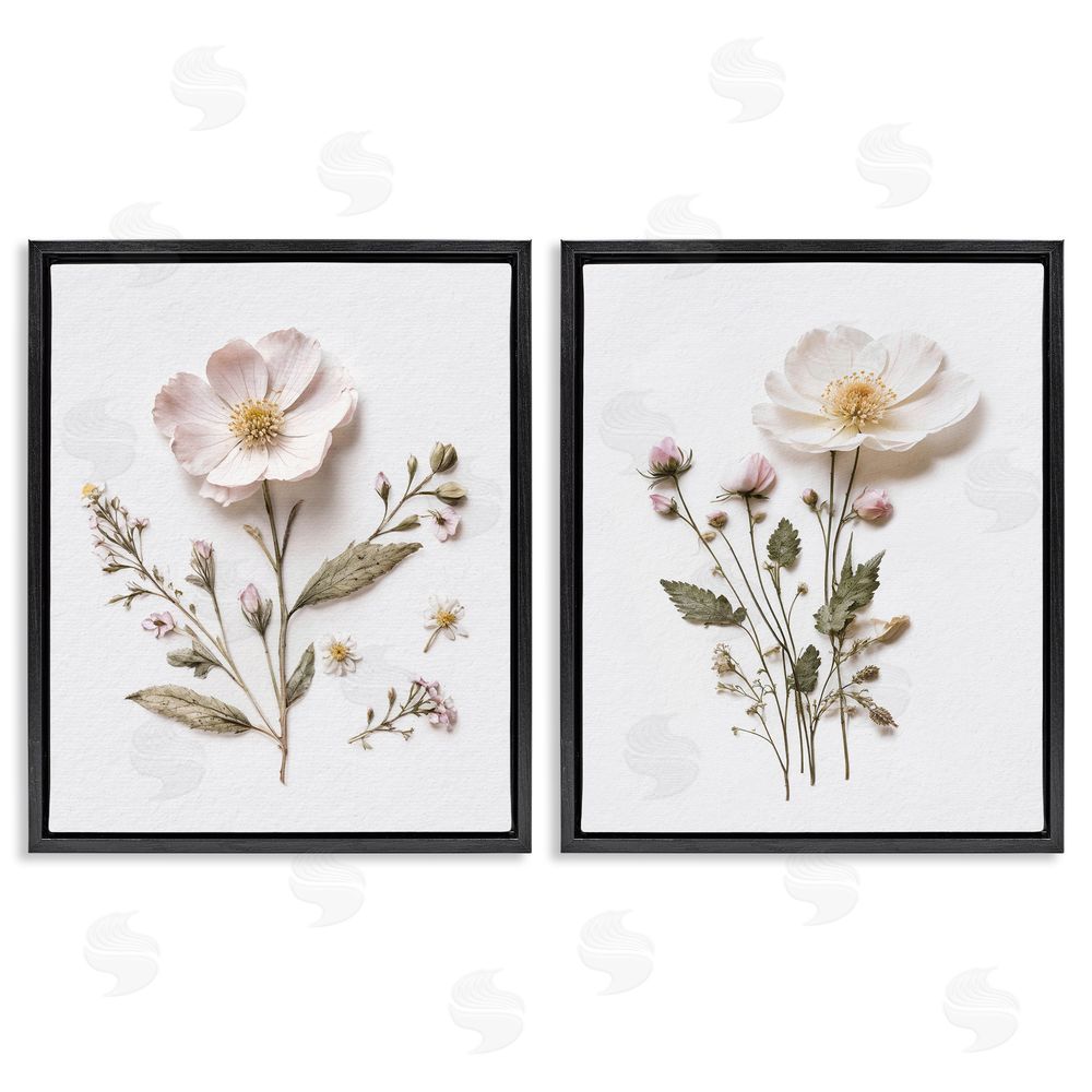 Lettered and Lined Minimal Pressed Flowers Black Floating Frame Canvas Wall Art Print