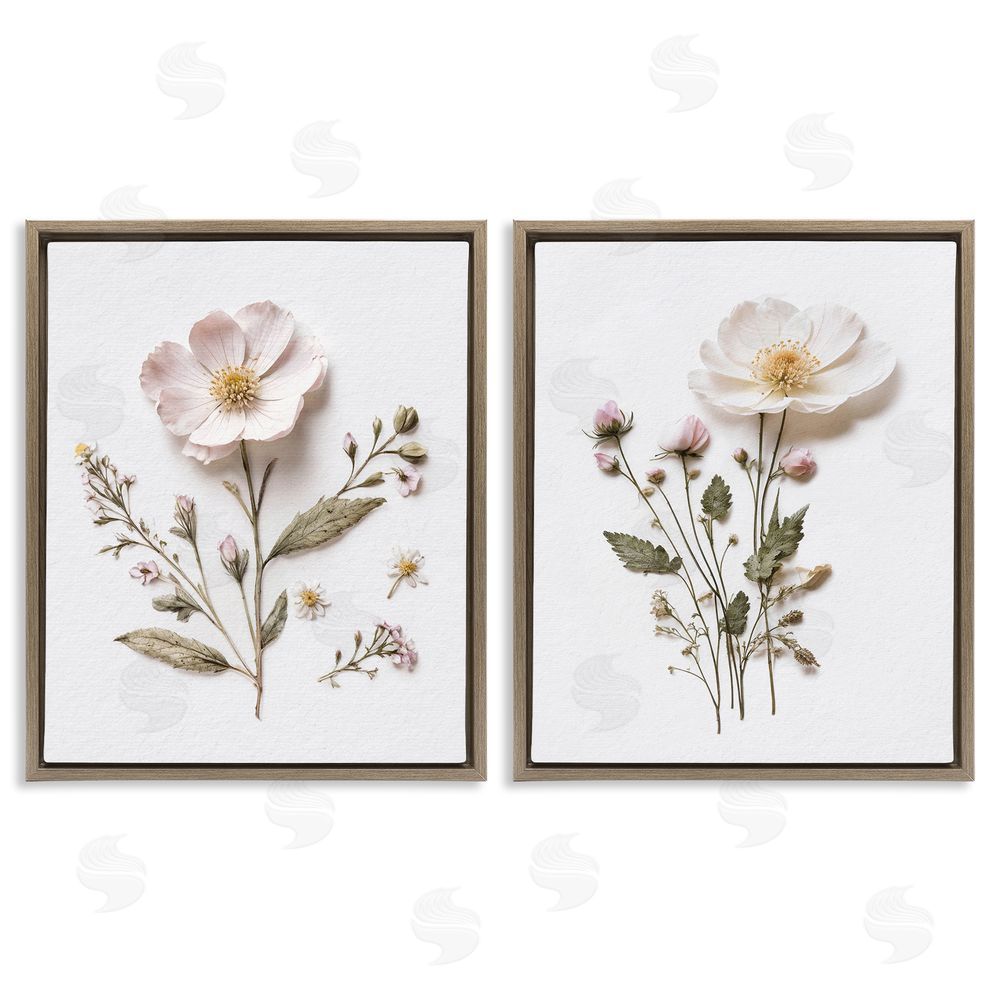 Lettered and Lined Minimal Pressed Flowers Brown Floating Frame Canvas Wall Art Print