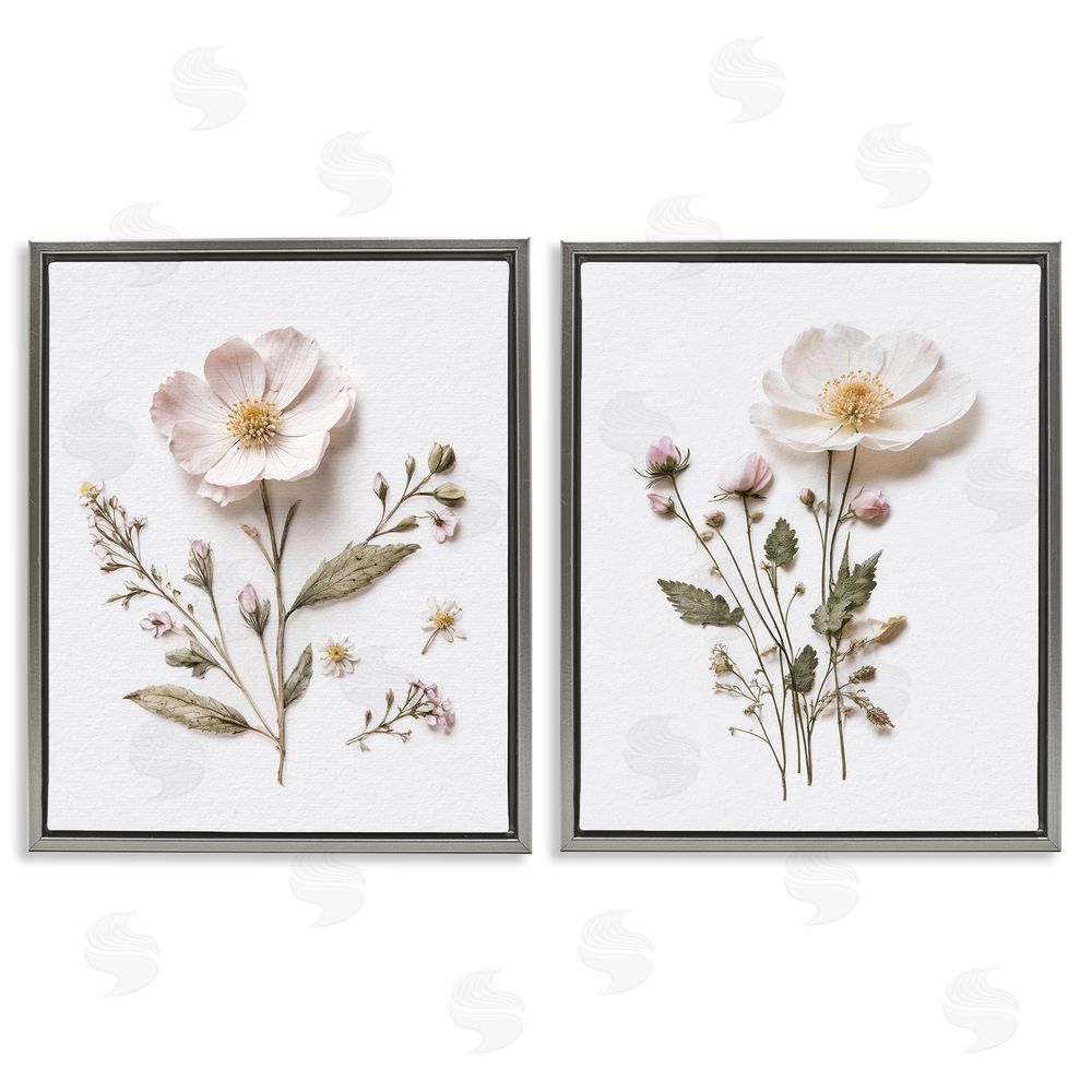 Lettered and Lined Minimal Pressed Flowers Gray Floating Frame Canvas Wall Art Print