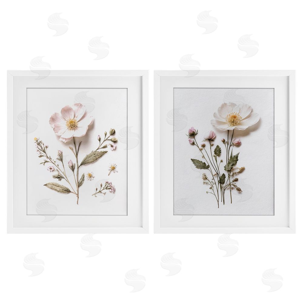 Lettered and Lined Minimal Pressed Flowers White Framed Print Under Glass Wall Art