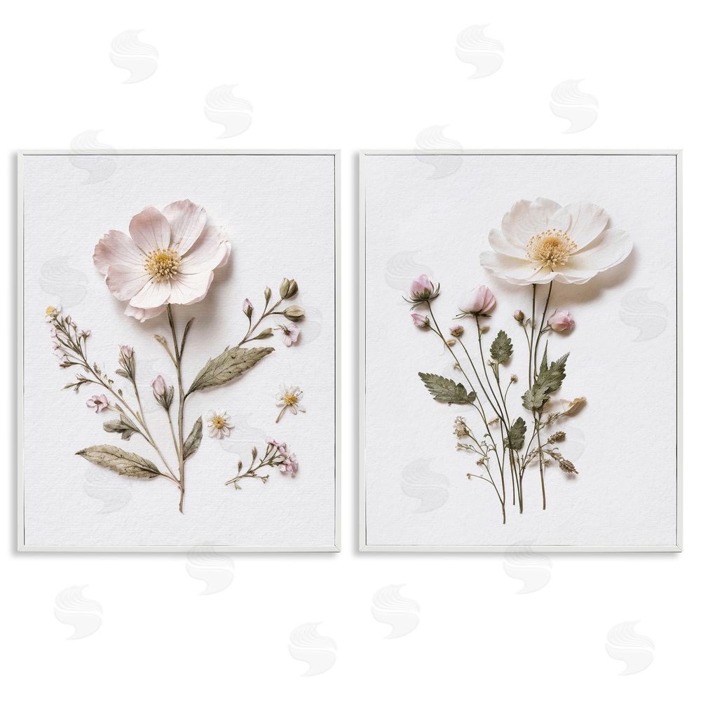 Lettered and Lined Minimal Pressed Flowers White Framed Giclee Print Wall Art