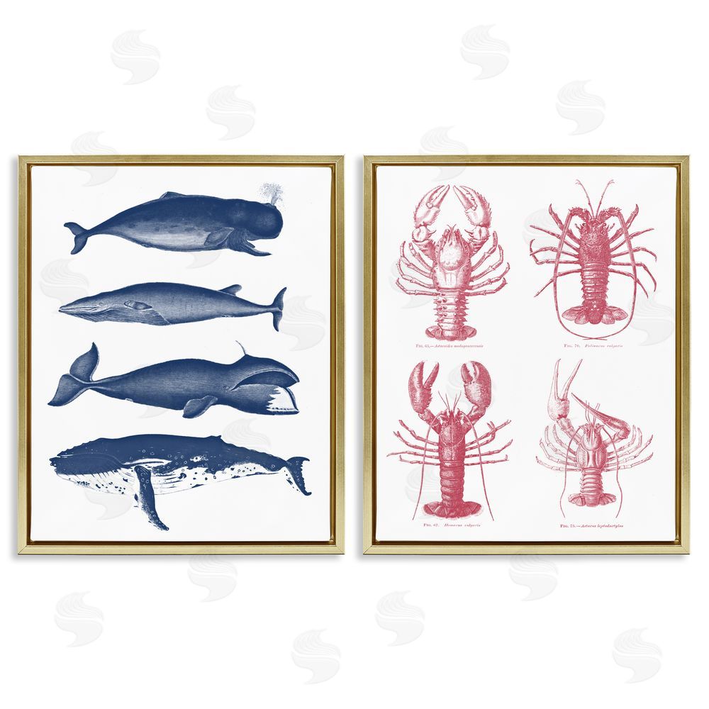 Lettered and Lined Marine Whales & Lobsters Gold Floating Frame Canvas Wall Art Print
